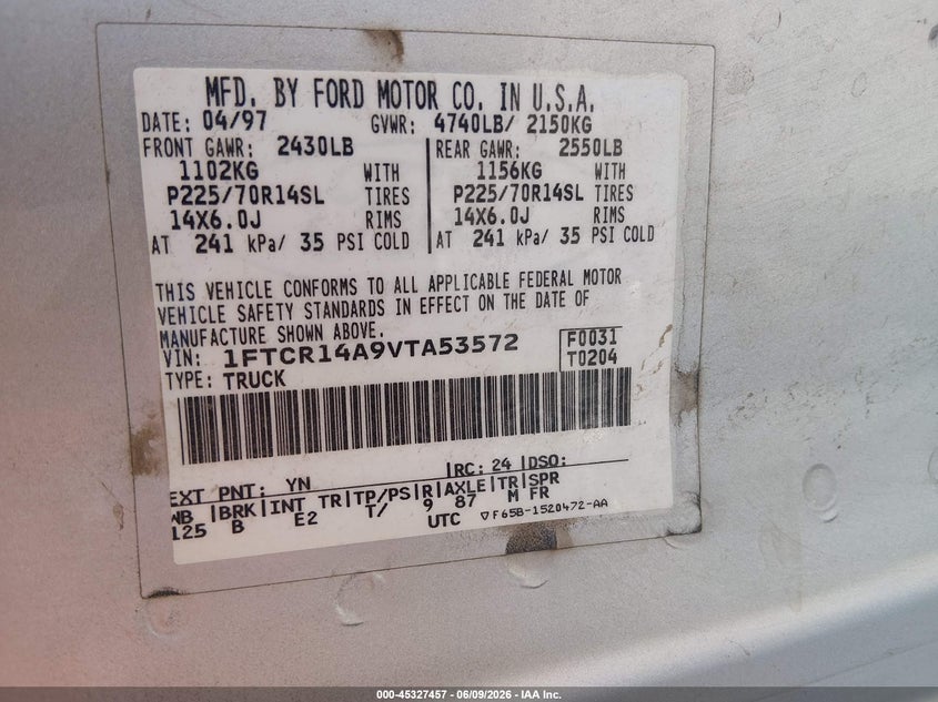1997 Ford Ranger VIN 1FTCR14A9VTA53572 IAAI salvage auction — NORMAL WEAR, Clear (Colorado), sold $125 on 2026-07-08 (photo 9)