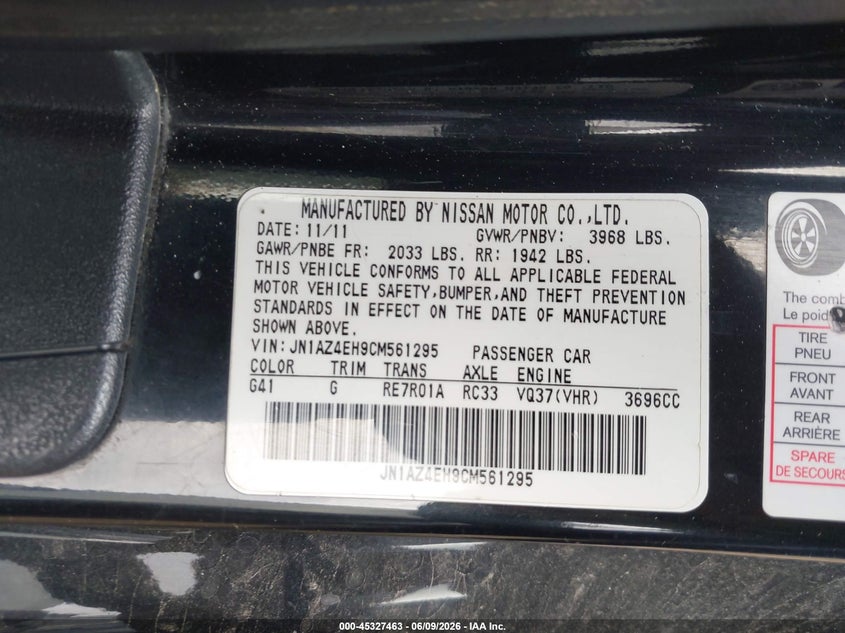2012 Nissan 370z VIN JN1AZ4EH9CM561295 IAAI salvage auction — RIGHT SIDE, Original (Texas), sold $1,650 on 2026-07-29 (photo 9)