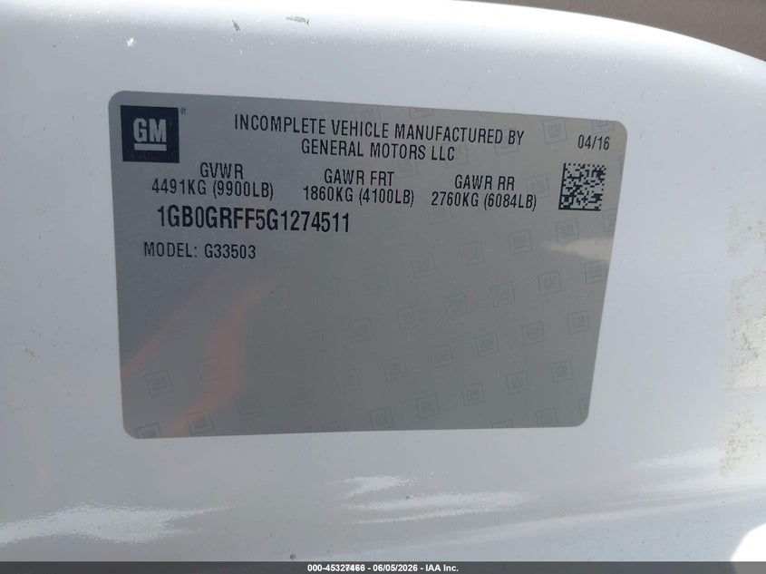 2016 Chevrolet Express 2500 VIN 1GB0GRFF5G1274511 IAAI salvage auction — NORMAL WEAR, Sf97 (New Hampshire), sold $7,600 on 2026-07-23 (photo 9)