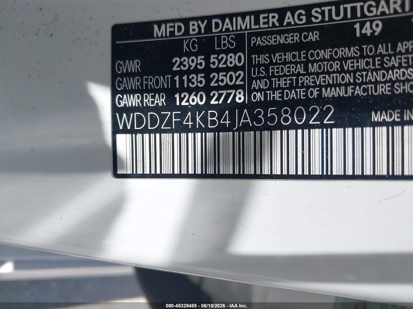 2018 Mercedes-benz E-klasse VIN WDDZF4KB4JA358022 IAAI salvage auction — FRONT & REAR, Original (Texas), sold $4,600 on 2026-07-22 (photo 9)