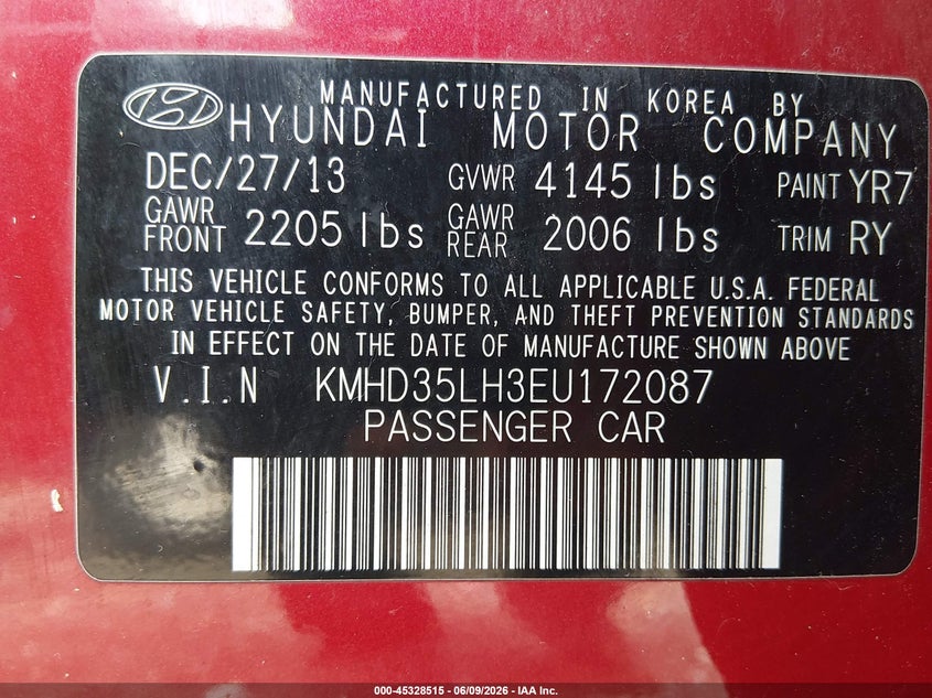2014 Hyundai Elantra VIN KMHD35LH3EU172087 IAAI salvage auction — REAR END, Salvage Title, sold $575 on 2026-07-09 (photo 9)