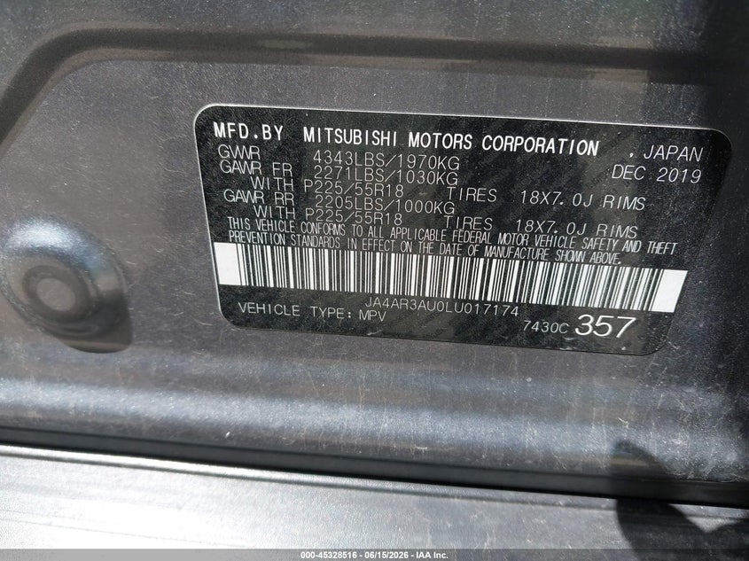 2020 Mitsubishi Outlander VIN JA4AR3AU0LU017174 IAAI salvage auction — FRONT & REAR, Salvage (Arizona), sold $1,000 on 2026-07-14 (photo 9)