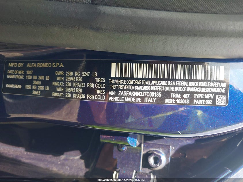 2018 Alfa romeo Stelvio VIN ZASFAKNN3J7C00135 IAAI salvage auction — FRONT END, Salvage (Illinois), sold $4,900 on 2026-07-27 (photo 9)