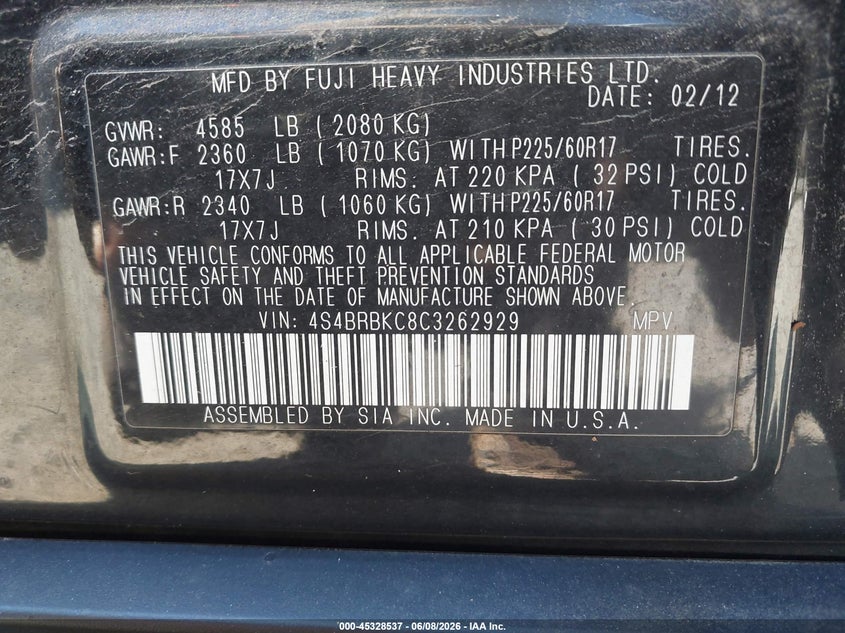 2012 Subaru Outback VIN 4S4BRBKC8C3262929 IAAI salvage auction — FRONT END, Salvage Title, sold $600 on 2026-07-11 (photo 9)
