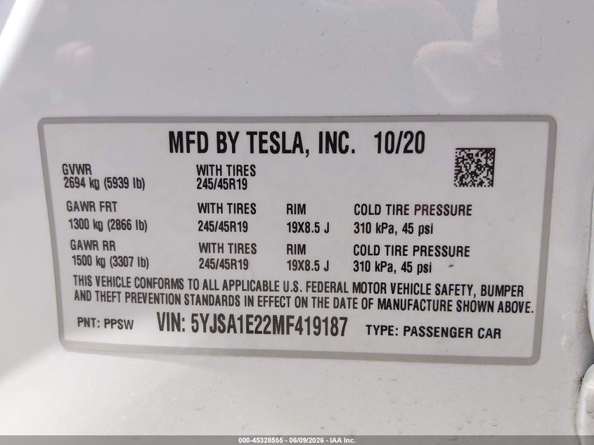 2021 Tesla Model s VIN 5YJSA1E22MF419187 IAAI salvage auction — LEFT FRONT, Salvage Title, sold $9,100 on 2026-07-30 (photo 9)