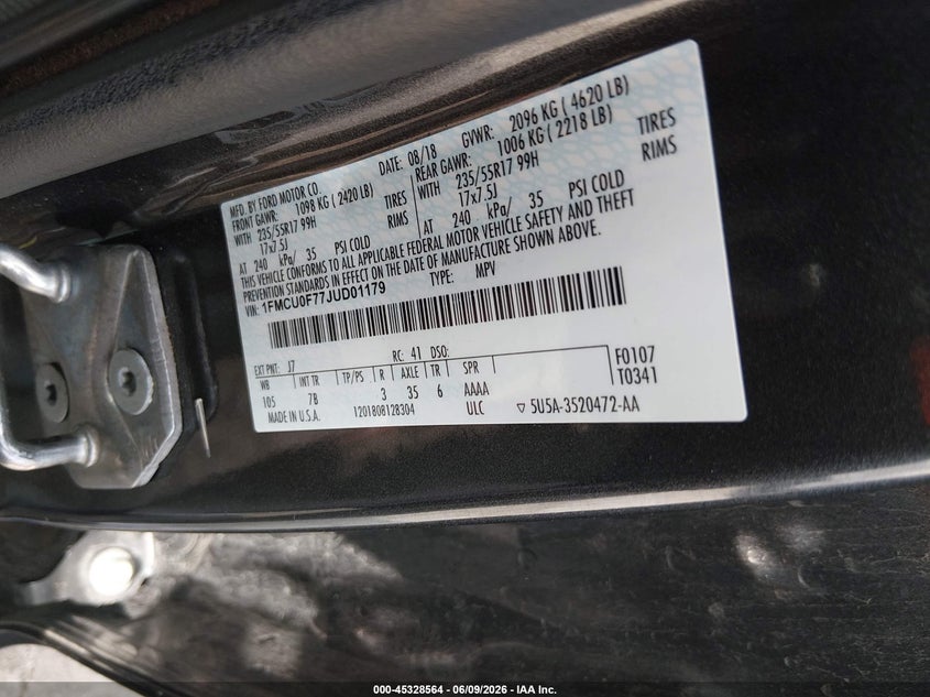 2018 Ford Escape VIN 1FMCU0F77JUD01179 IAAI salvage auction — LEFT FRONT, Salvage (Illinois), sold $1,300 on 2026-07-24 (photo 9)