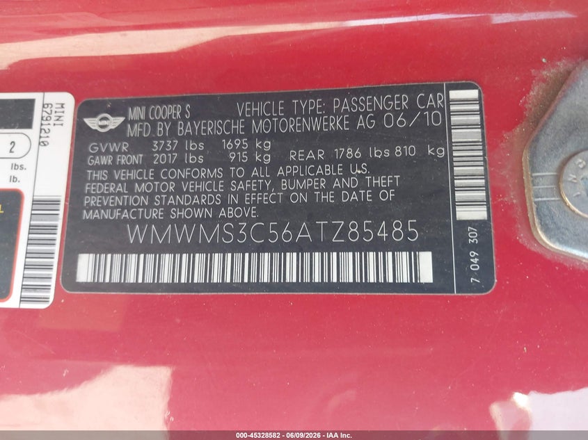 2010 Mini Cooper VIN WMWMS3C56ATZ85485 IAAI salvage auction — NORMAL WEAR, Clear - Dealer Only (California), sold $325 on 2026-07-15 (photo 9)
