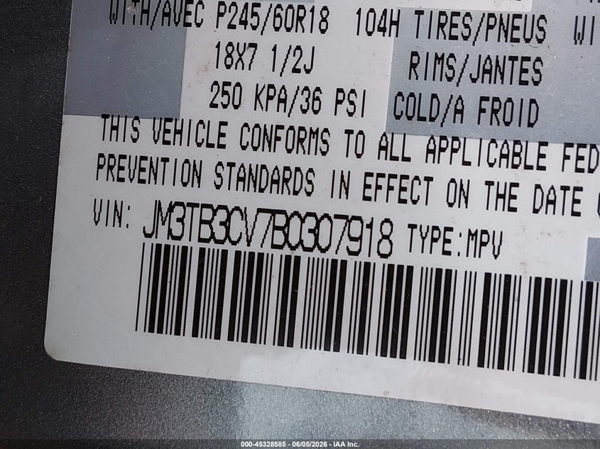 2011 Mazda Cx-9 VIN JM3TB3CV7B0307918 IAAI salvage auction — NORMAL WEAR, Peddle Clear Public-Restricted (Oregon), sold $500 on 2026-07-20 (photo 9)