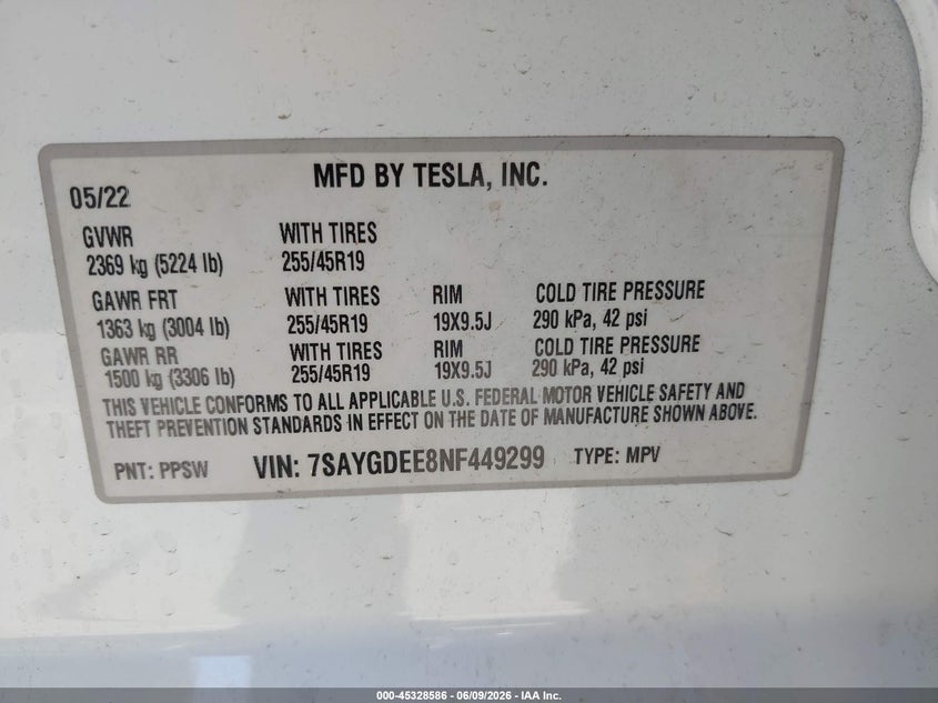 2022 Tesla Model y VIN 7SAYGDEE8NF449299 IAAI salvage auction — RIGHT SIDE, Salvage (Arizona), sold $6,100 on 2026-07-28 (photo 9)