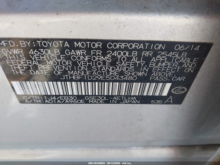 2014 Lexus Is VIN JTHBF1D29E5043480 IAAI salvage auction — REAR END, Salvage (Idaho), sold $8,300 on 2026-07-13 (photo 9)
