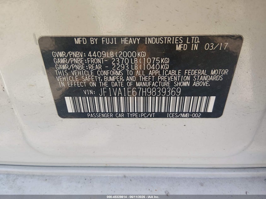 2017 Subaru Wrx VIN JF1VA1E67H9839369 IAAI salvage auction — FRONT END, Salvage (Massachusetts), sold $25 on 2026-07-28 (photo 9)