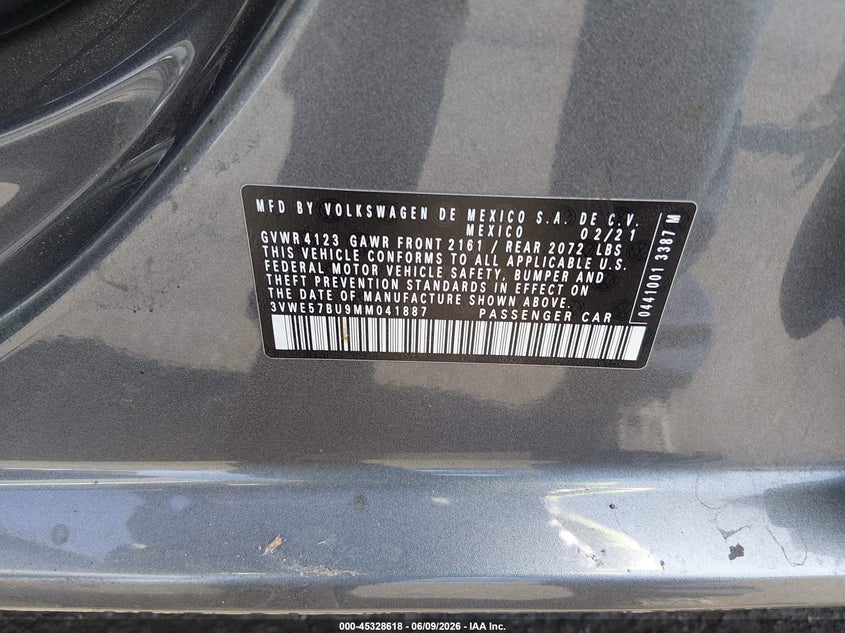 2021 Volkswagen Jetta VIN 3VWE57BU9MM041887 IAAI salvage auction — FRONT END, Salvage Title, sold $1,350 on 2026-08-07 (photo 9)