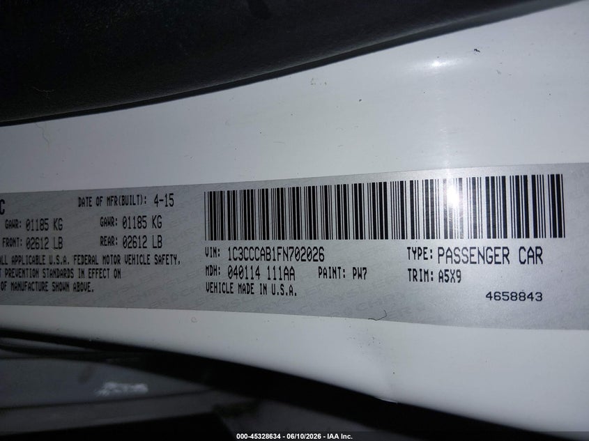 2015 Chrysler 200 VIN 1C3CCCAB1FN702026 IAAI salvage auction — FRONT END, Salvage (Idaho), sold $1,100 on 2026-07-10 (photo 9)