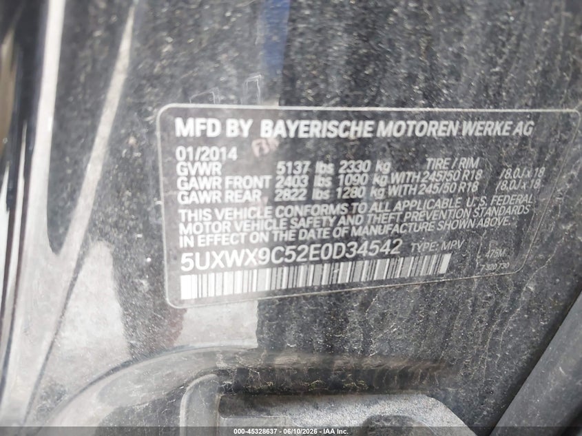 2014 BMW X3 VIN 5UXWX9C52E0D34542 IAAI salvage auction — LEFT SIDE, Junk Bill Of Sale Mv2459 (Wisconsin), sold $400 on 2026-07-07 (photo 9)