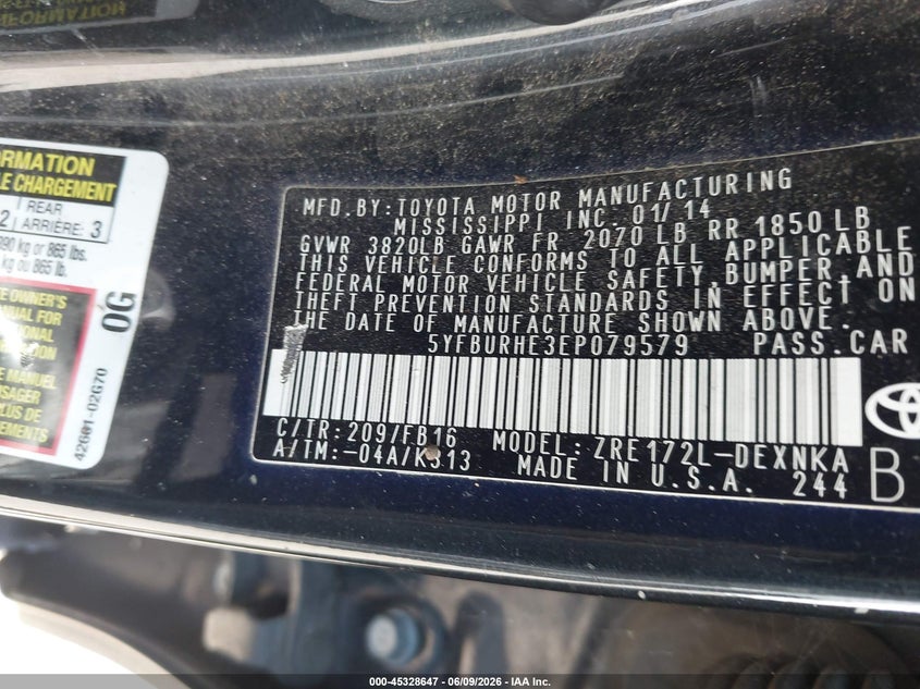 2014 Toyota Corolla VIN 5YFBURHE3EP079579 IAAI salvage auction — NORMAL WEAR, Original (Texas), sold $1,575 on 2026-07-22 (photo 9)