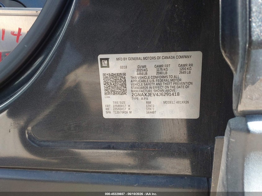 2018 Chevrolet Equinox VIN 2GNAXJEV4J6291418 IAAI salvage auction — FRONT END, Salvage Title, sold $2,400 on 2026-07-20 (photo 9)