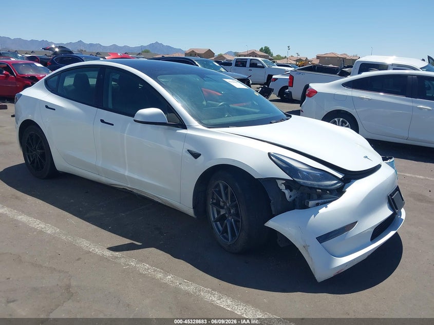 2023 Tesla Model 3 VIN 5YJ3E1EA5PF448302 IAAI salvage auction — LEFT FRONT, Salvage Title, sold $7,075 on 2026-07-14 (photo 1)