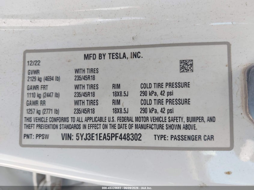 2023 Tesla Model 3 VIN 5YJ3E1EA5PF448302 IAAI salvage auction — LEFT FRONT, Salvage Title, sold $7,075 on 2026-07-14 (photo 9)