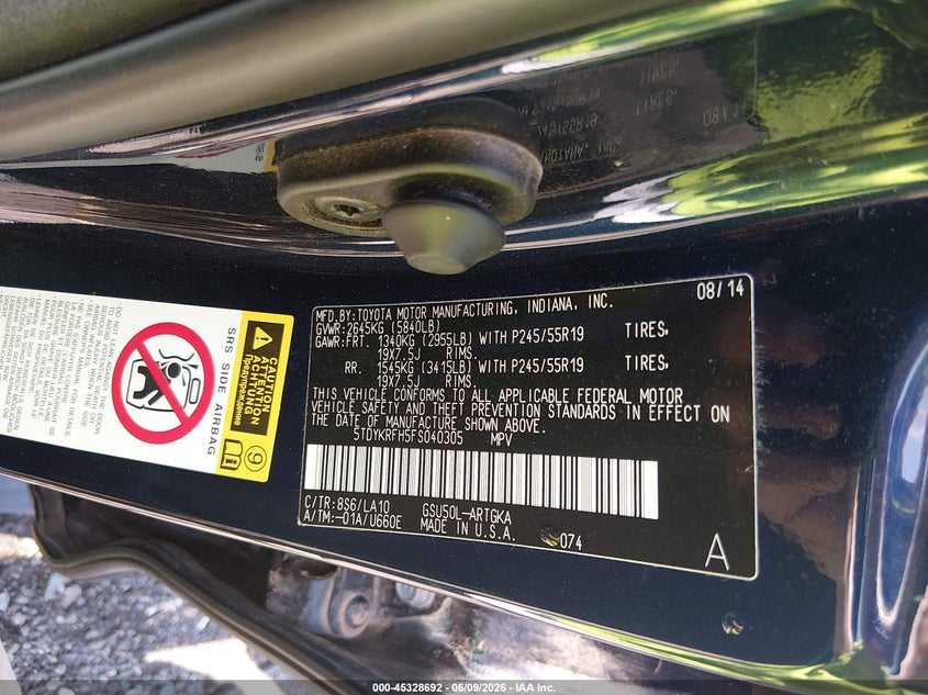 2015 Toyota Highlander VIN 5TDYKRFH5FS040305 IAAI salvage auction — FRONT END, Salvage Title, sold $5,200 on 2026-07-23 (photo 9)