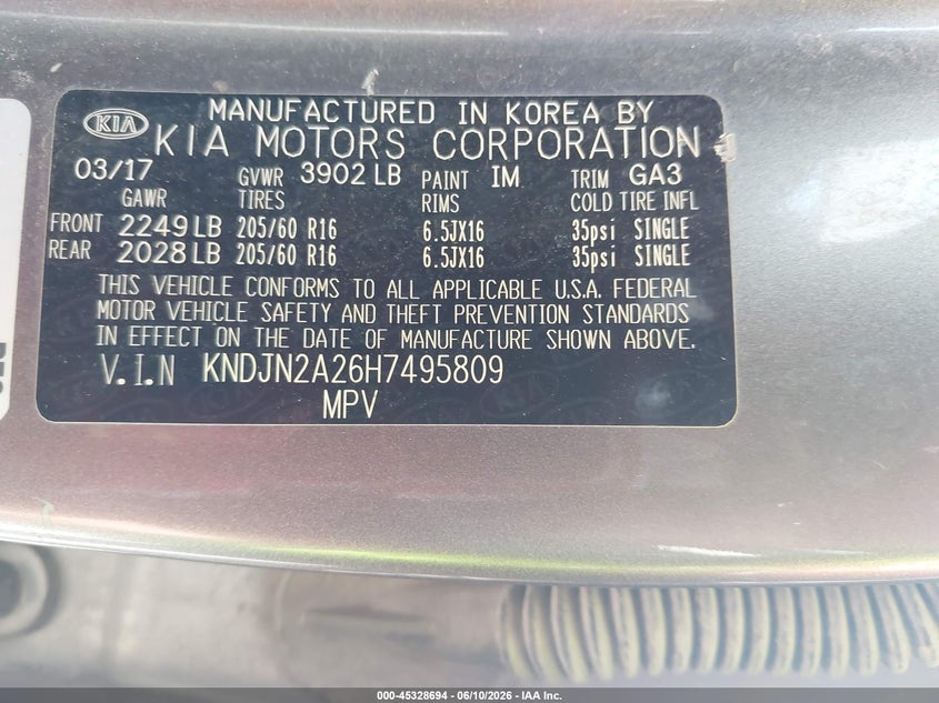 2017 Kia Soul VIN KNDJN2A26H7495809 IAAI salvage auction — NORMAL WEAR, Regular Certificate (Iowa), sold $500 on 2026-07-29 (photo 9)
