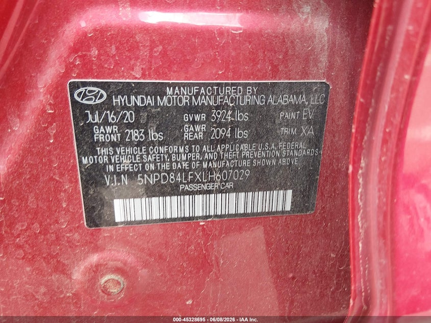 2020 Hyundai Elantra VIN 5NPD84LFXLH607029 IAAI salvage auction — FRONT END, Salvage Title, sold $1,250 on 2026-07-22 (photo 9)