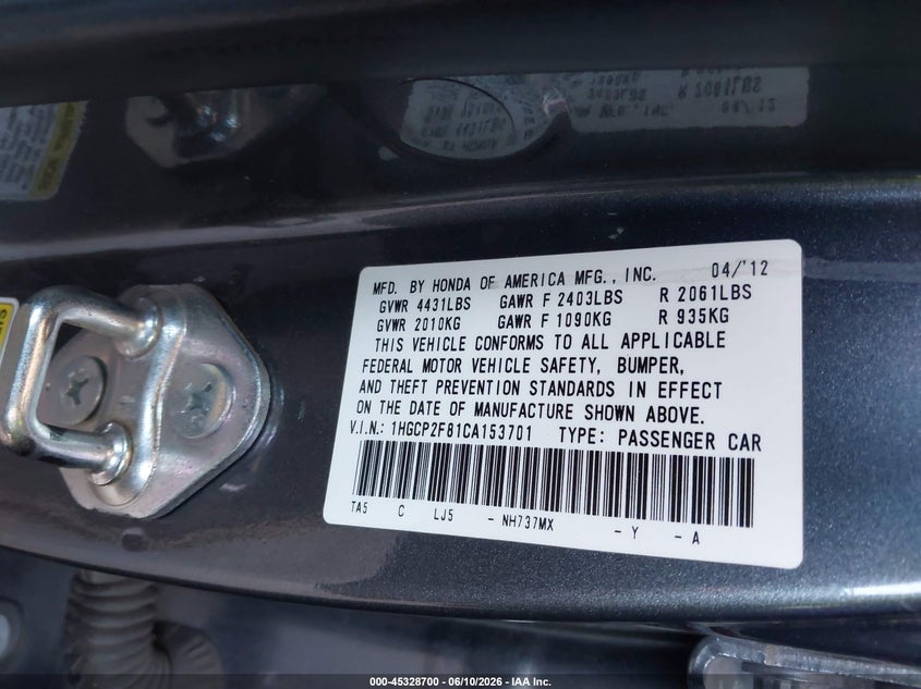 2012 Honda Accord VIN 1HGCP2F81CA153701 IAAI salvage auction — FRONT END, Salvage (California), sold $1,000 on 2026-07-09 (photo 9)