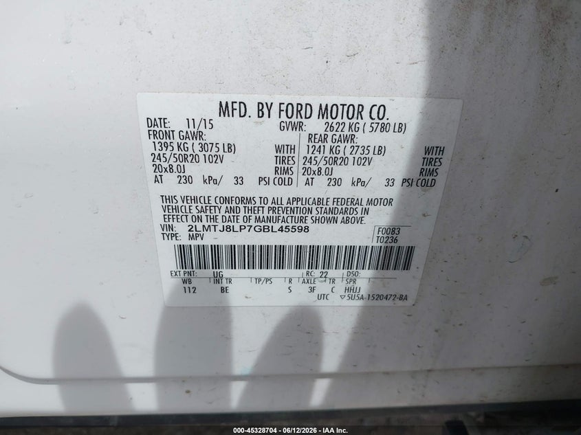 2016 Lincoln Mkx VIN 2LMTJ8LP7GBL45598 IAAI salvage auction — RIGHT FRONT, Salvage Title, sold $1,700 on 2026-07-29 (photo 9)