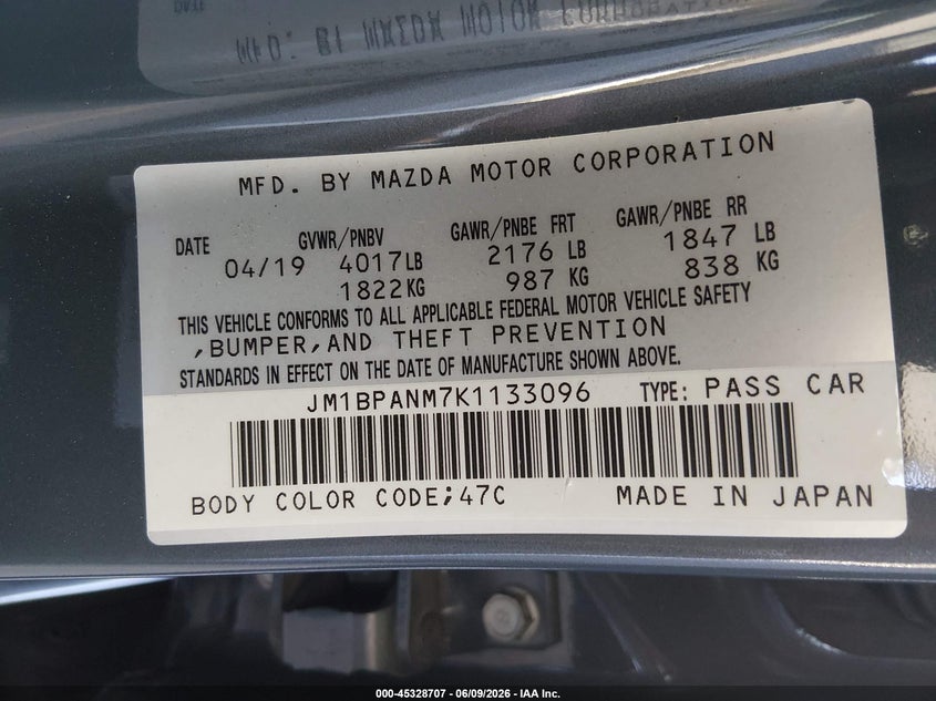 2019 Mazda 3 VIN JM1BPANM7K1133096 IAAI salvage auction — LEFT FRONT, Salvage Title, sold $3,850 on 2026-07-12 (photo 9)
