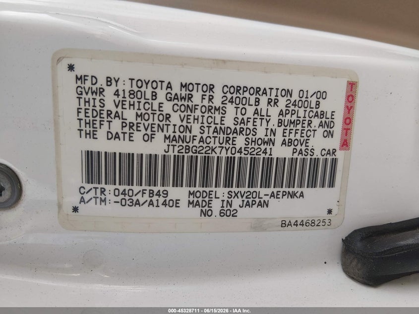 2000 Toyota Camry VIN JT2BG22K7Y0452241 IAAI salvage auction — REAR END, Clear (Montana), sold $250 on 2026-07-29 (photo 9)