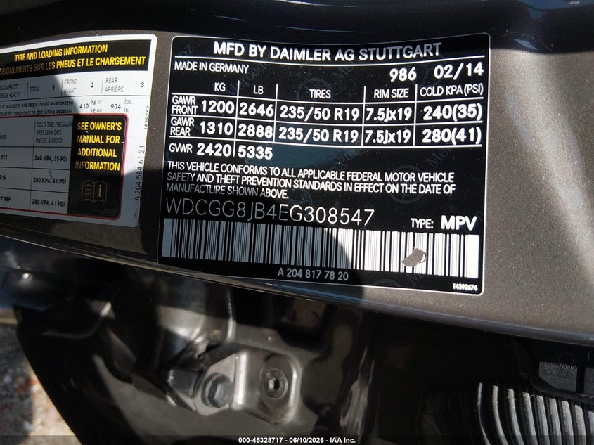 2014 Mercedes-benz Glk-klasse VIN WDCGG8JB4EG308547 IAAI salvage auction — FRONT END, Salvage - Greater Than 75% (Maryland), sold $1,650 on 2026-08-01 (photo 9)
