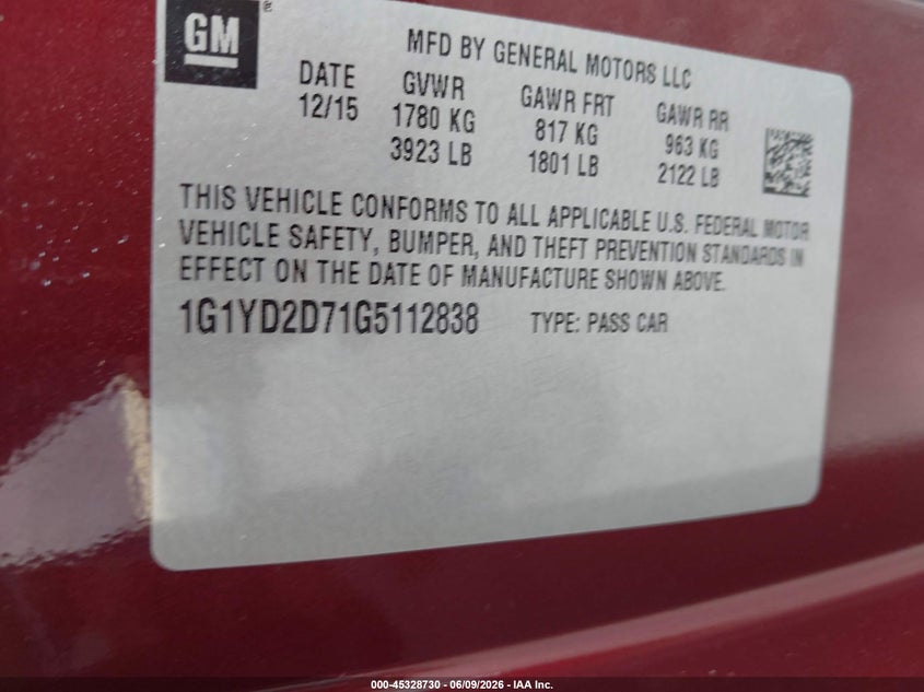 2016 Chevrolet Corvette VIN 1G1YD2D71G5112838 IAAI salvage auction — WATER/FLOOD, Salvage Title, sold $22,450 on 2026-07-16 (photo 9)