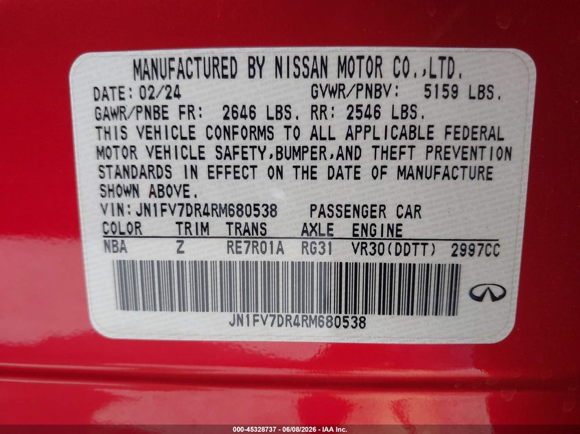 2024 Infiniti Q50 VIN JN1FV7DR4RM680538 IAAI salvage auction — VANDALISM, Salvage Title, sold $12,200 on 2026-07-30 (photo 9)