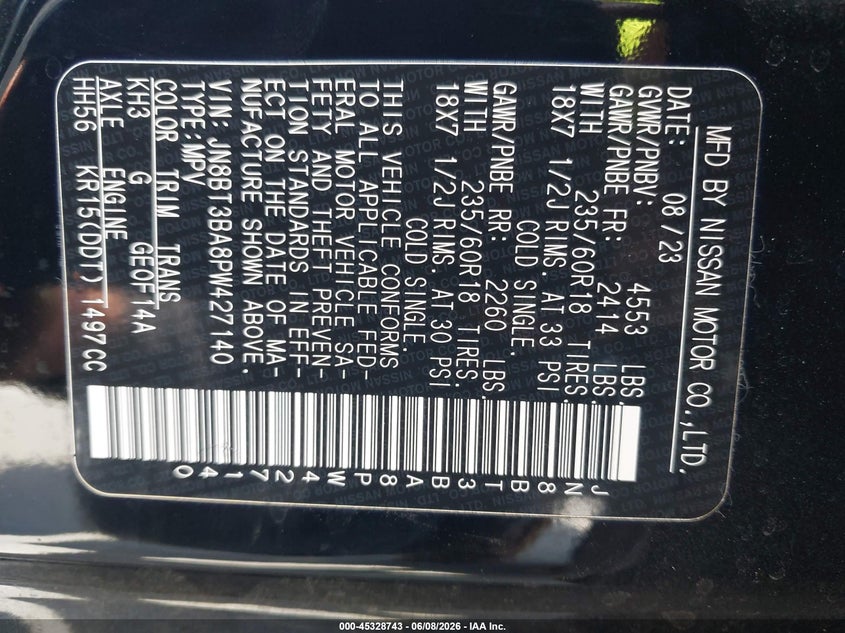 2023 Nissan Rogue VIN JN8BT3BA8PW427140 IAAI salvage auction — FRONT END, Salvage Title, sold $6,225 on 2026-07-08 (photo 9)