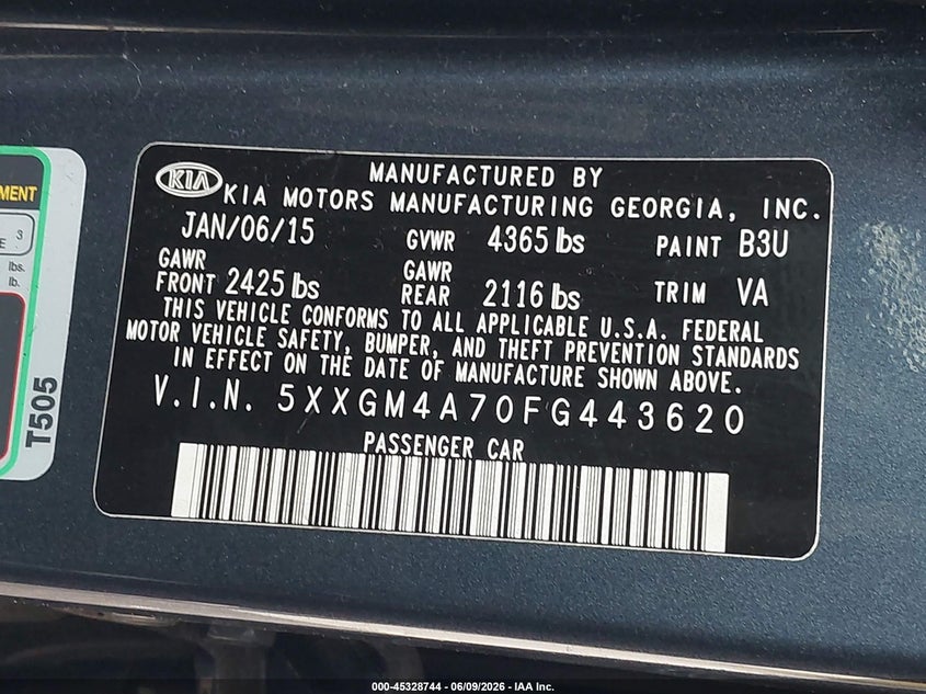 2015 Kia Optima VIN 5XXGM4A70FG443620 IAAI salvage auction — THEFT, Salvage Title, sold $850 on 2026-07-09 (photo 9)