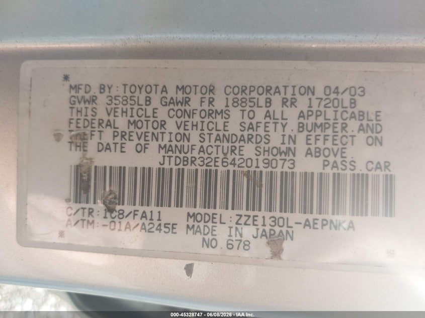 2004 Toyota Corolla VIN JTDBR32E642019073 IAAI salvage auction — FRONT & REAR, Clear (New Jersey), sold $575 on 2026-07-08 (photo 9)