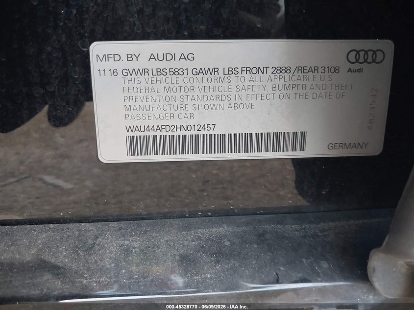 2017 Audi A8 VIN WAU44AFD2HN012457 IAAI salvage auction — WATER/FLOOD, Salvage Title, sold $2,050 on 2026-07-15 (photo 9)
