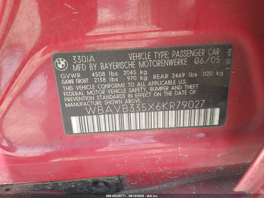 2006 BMW 3 series VIN WBAVB335X6KR79027 IAAI salvage auction — SIDE, Salvage (Georgia), sold $275 on 2026-07-16 (photo 9)