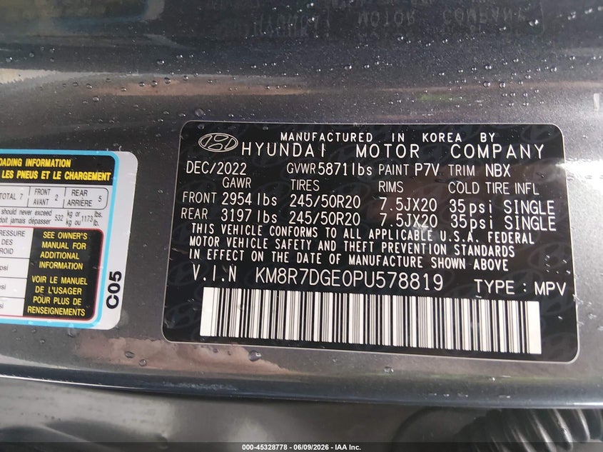 2023 Hyundai Palisade VIN KM8R7DGE0PU578819 IAAI salvage auction — REAR END, Salvage Title, sold $14,750 on 2026-07-09 (photo 9)