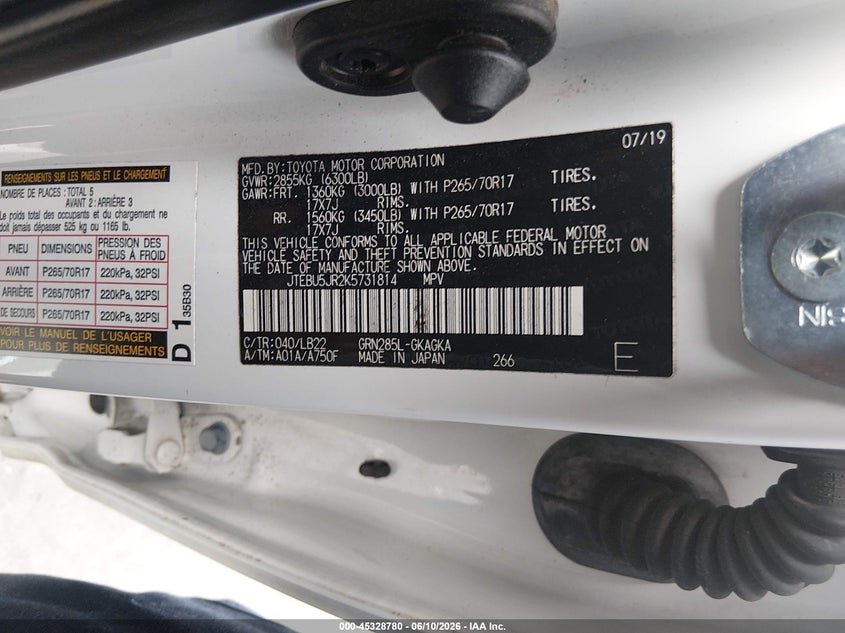 2019 Toyota 4runner VIN JTEBU5JR2K5731814 IAAI salvage auction — ROLLOVER, Salvage (North Carolina), sold $5,000 on 2026-07-15 (photo 9)