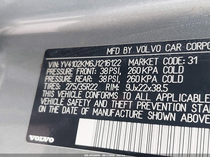 2018 Volvo Xc90 VIN YV4102KM6J1216122 IAAI salvage auction — FRONT END, Original (Texas), sold $4,350 on 2026-07-28 (photo 9)