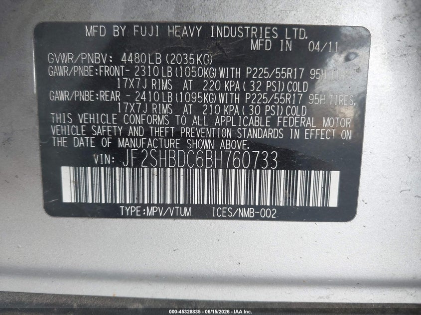 2011 Subaru Forester VIN JF2SHBDC6BH760733 IAAI salvage auction — NORMAL WEAR, Clear-Dealer Only (Minnesota), sold $650 on 2026-07-21 (photo 9)