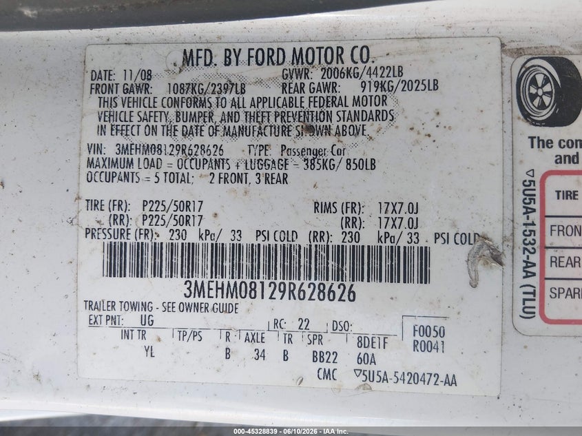 2009 Mercury Milan VIN 3MEHM08129R628626 IAAI salvage auction — NORMAL WEAR, Salvage (Arkansas), sold $125 on 2026-07-22 (photo 9)