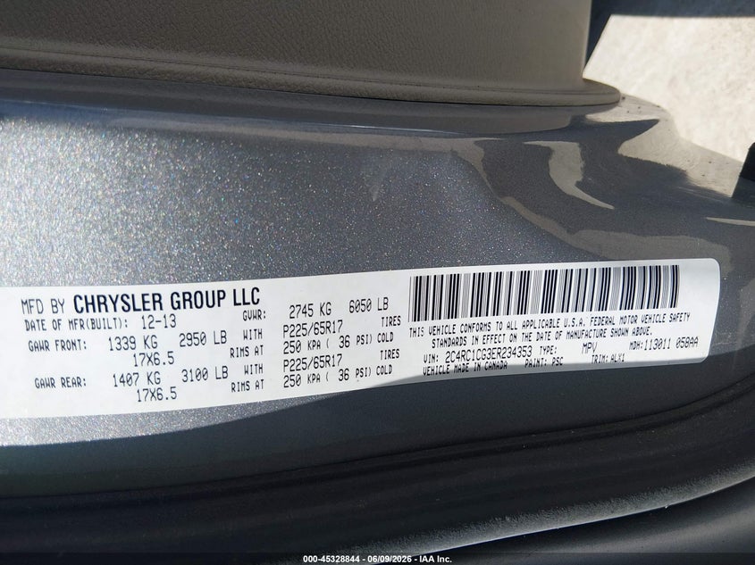 2014 Chrysler Town & country VIN 2C4RC1CG3ER234353 IAAI salvage auction — LEFT FRONT, Salvage Title, sold $350 on 2026-07-18 (photo 9)