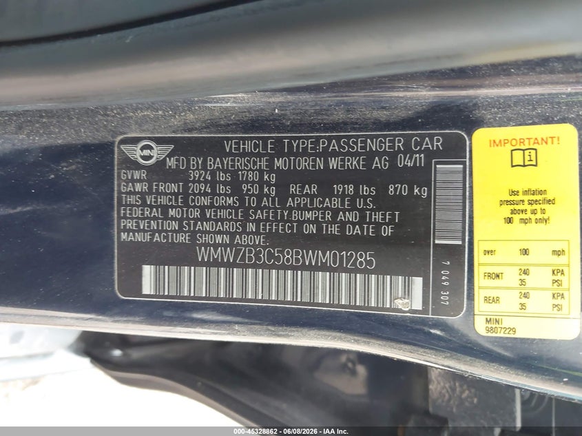 2011 Mini Cooper VIN WMWZB3C58BWM01285 IAAI salvage auction — NORMAL WEAR, Original (Texas), sold $600 on 2026-07-21 (photo 9)