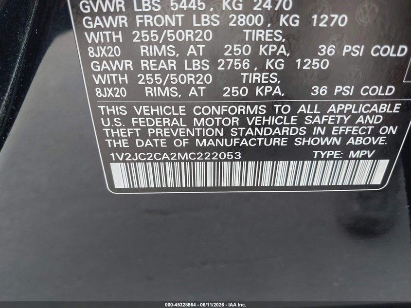 2021 Volkswagen Atlas cross sport VIN 1V2JC2CA2MC222053 IAAI salvage auction — UNDERCARRIAGE, Original (Texas), sold $7,850 on 2026-08-19 (photo 9)