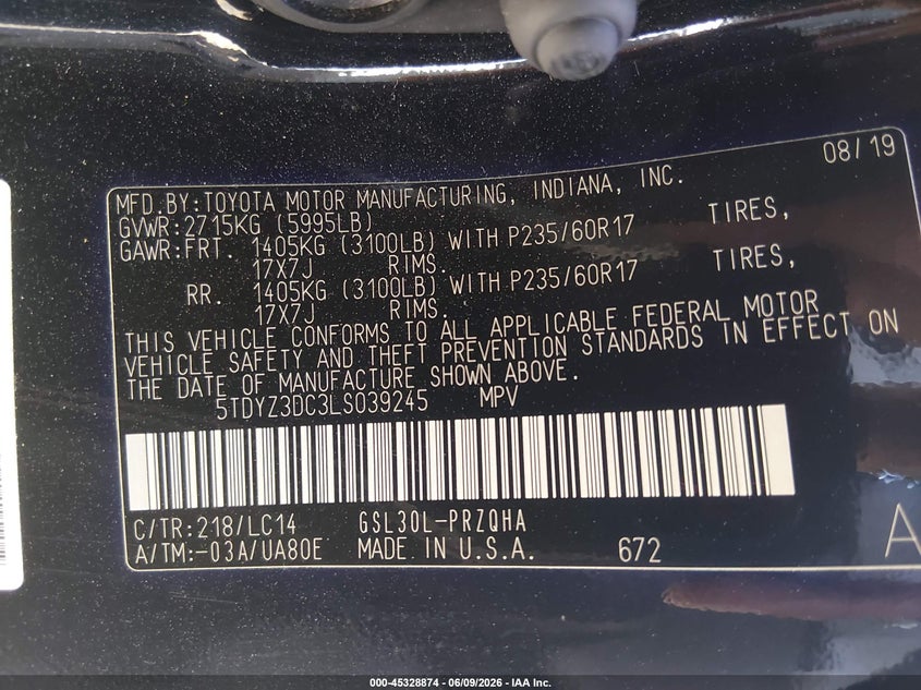 2020 Toyota Sienna VIN 5TDYZ3DC3LS039245 IAAI salvage auction — REAR END, Salvage Title, sold $4,150 on 2026-07-29 (photo 9)