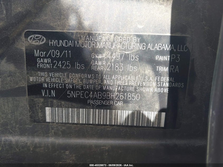 2011 Hyundai Sonata VIN 5NPEC4AB9BH261850 IAAI salvage auction — REAR END, Salvage (Mississippi), sold $275 on 2026-07-17 (photo 9)