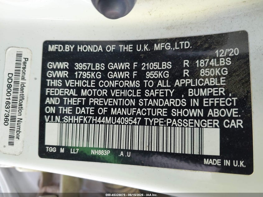 2021 Honda Civic VIN SHHFK7H44MU409547 IAAI salvage auction — FRONT END, Bill Of Sale (Washington), sold $5,300 on 2026-07-07 (photo 9)