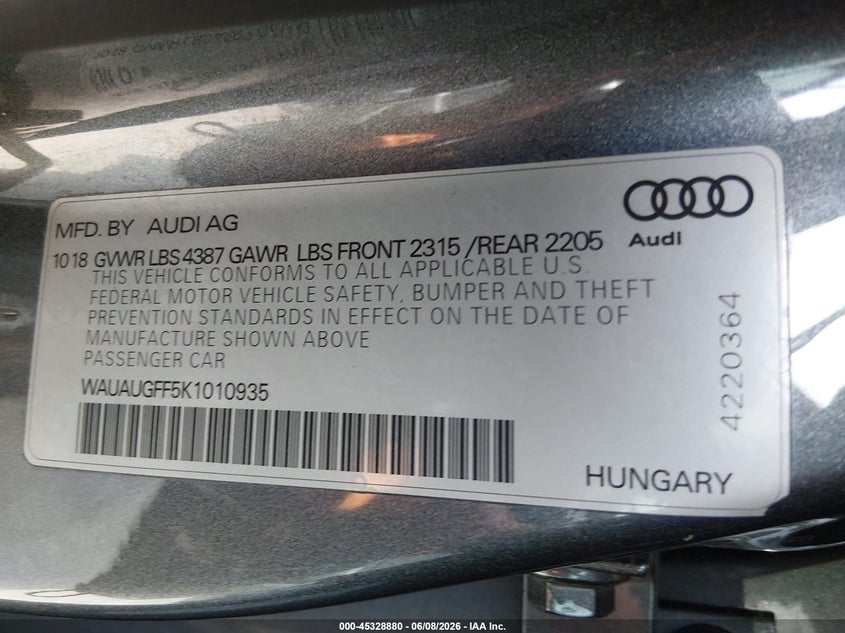 2019 Audi A3 VIN WAUAUGFF5K1010935 IAAI salvage auction — RIGHT SIDE, Salvage (California), sold $600 on 2026-07-23 (photo 9)