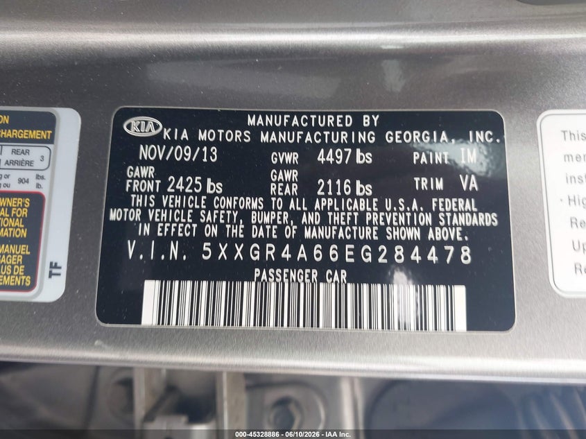 2014 Kia Optima VIN 5XXGR4A66EG284478 IAAI salvage auction — FRONT END, Salvage (Minnesota), sold $25 on 2026-07-29 (photo 9)